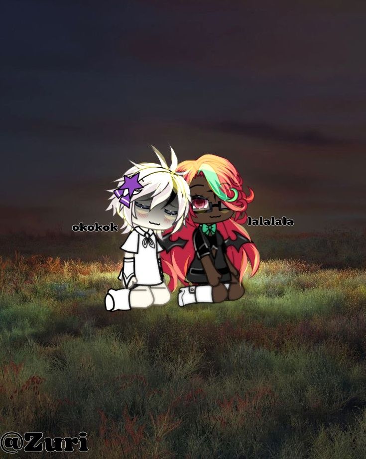 two anime characters sitting on top of a grass covered field under a dark sky at night