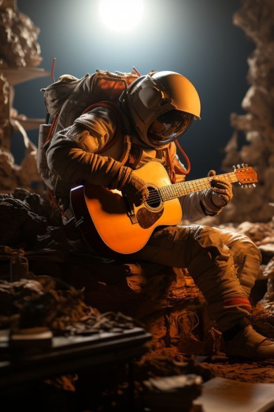 a man in a space suit playing an acoustic guitar while sitting on the ground at night