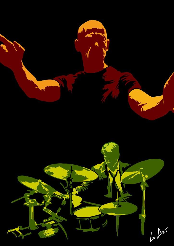 an image of a man playing the drums on stage with his hands in the air