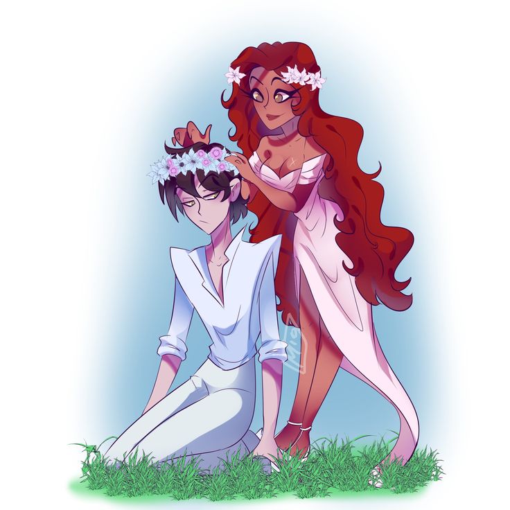 two cartoon characters sitting on the ground with grass in front of them and one is wearing a flower crown