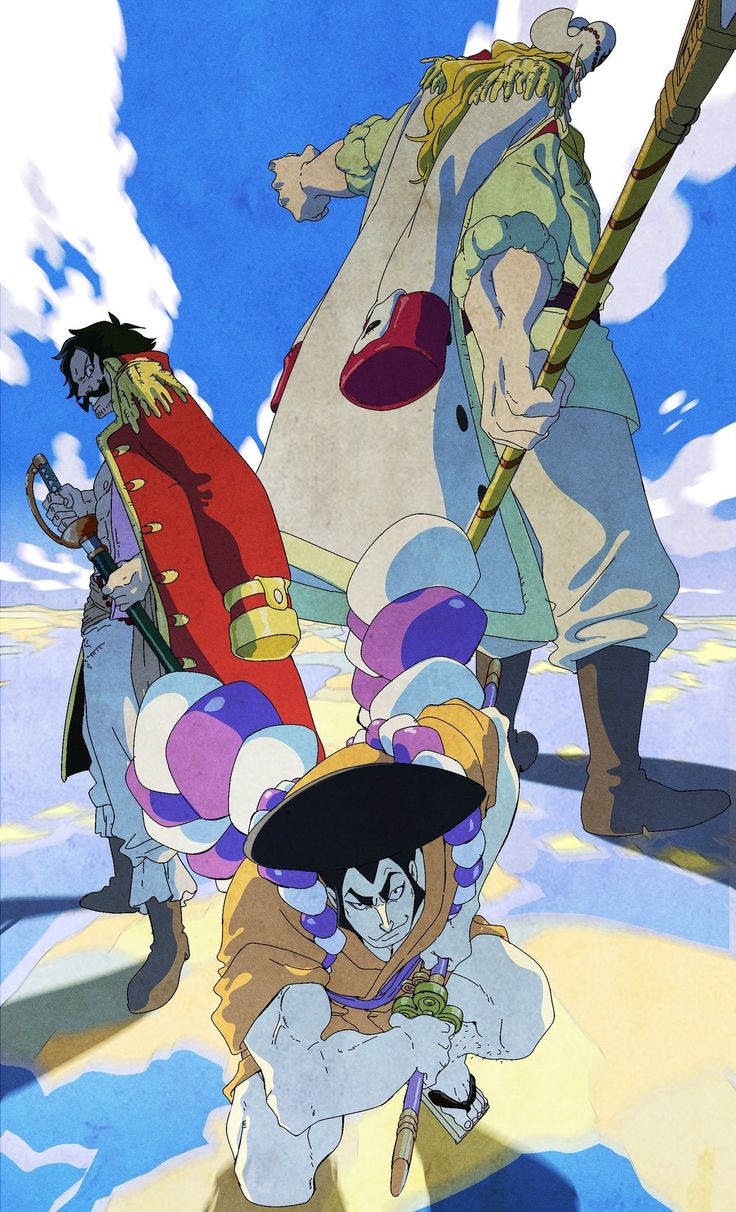 an anime scene with one person holding a baseball bat and two other people standing behind him