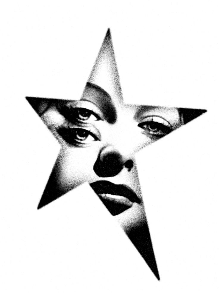 a black and white drawing of a woman's face in the shape of a star