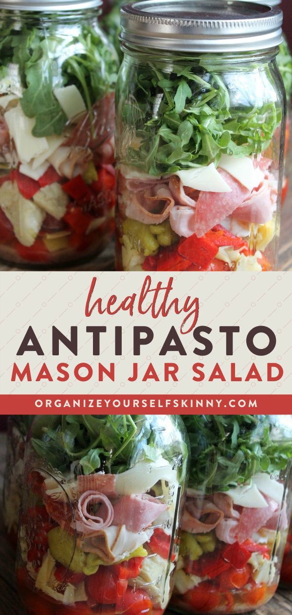 mason jar filled with assorted salads and the words healthy antipasto mason jars