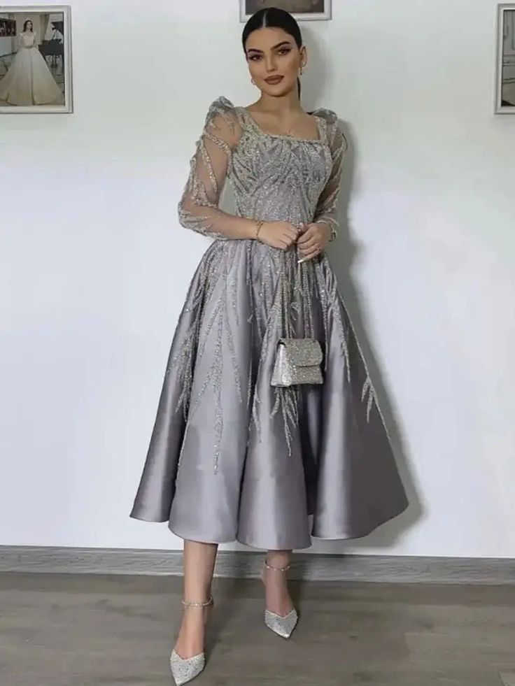 Arabic A-Line Luxury Satin Lace Beaded Gray Midi Tea-Length Evening Dress - Formal Women's Wedding Party Arabic Women, Midi Prom Dress, Grey Evening Dresses, Dress With Shawl, Satin Evening Dresses, Silk Tulle, Blue Evening Dresses, Prom Dresses Long With Sleeves, Evening Dresses Elegant