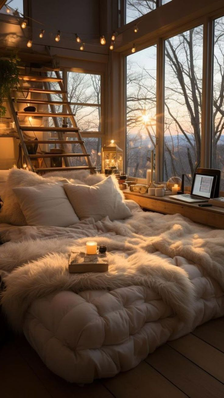 a bed with white fur on top of it next to a large window and stairs