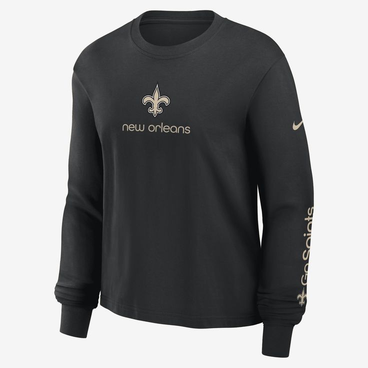 Made with bold team details and soft cotton fabric, this Boxy T-Shirt helps you comfortably support the New Orleans Saints in cooler weather. Black Crew Neck Tops For Game Day, Black Crew Neck Top With Team Logo, Black Relaxed Fit T-shirt For Game Day, Black Long Sleeve Fan Gear T-shirt, Nike Team Spirit Tops For Streetwear, Nike Tops For Team Spirit Streetwear, Black Team Spirit Sweatshirt With Relaxed Fit, Nike Black Tops With Team Logo, Black Nike Top With Team Logo