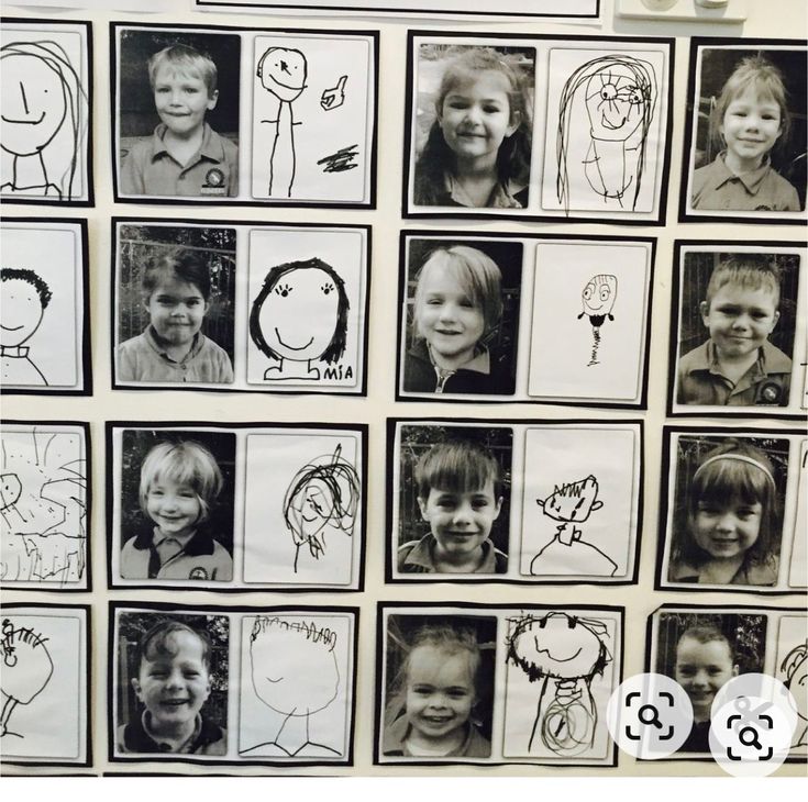 black and white photo of children's drawings on a wall