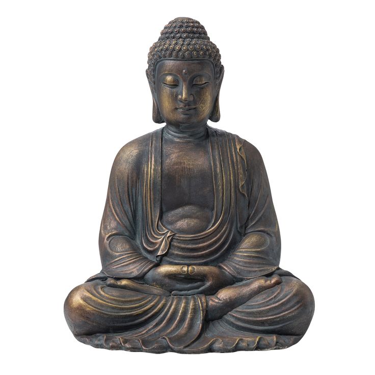 a buddha statue sitting in front of a white background