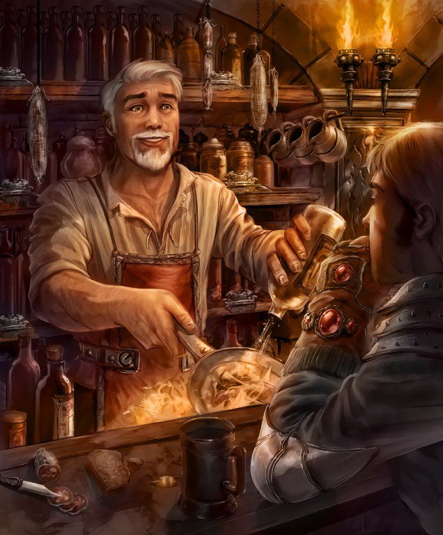 a painting of a man cooking in a kitchen with another man looking at the camera