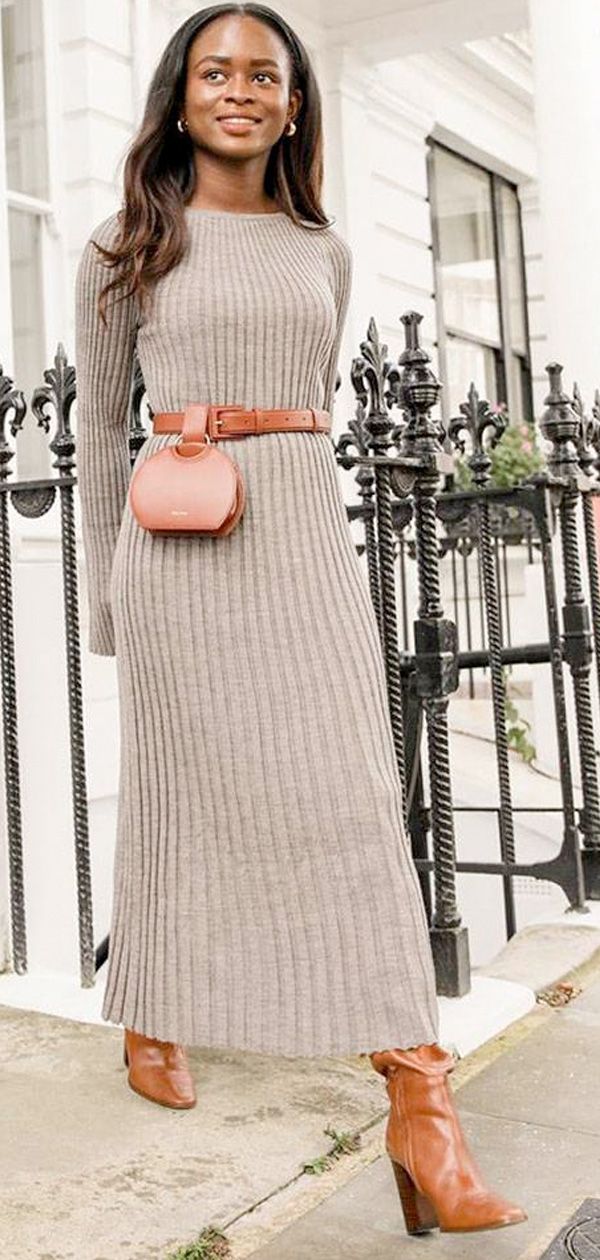 Belt Bag Dress, Modest Knit Dress, Maxi Sweater Dress Outfit, Belted Outfits, Long Sweater Dress Outfit, Sweater Dress Belt, Work Sweater Dress, Sweater Dress Outfit Fall, Camel Outfits