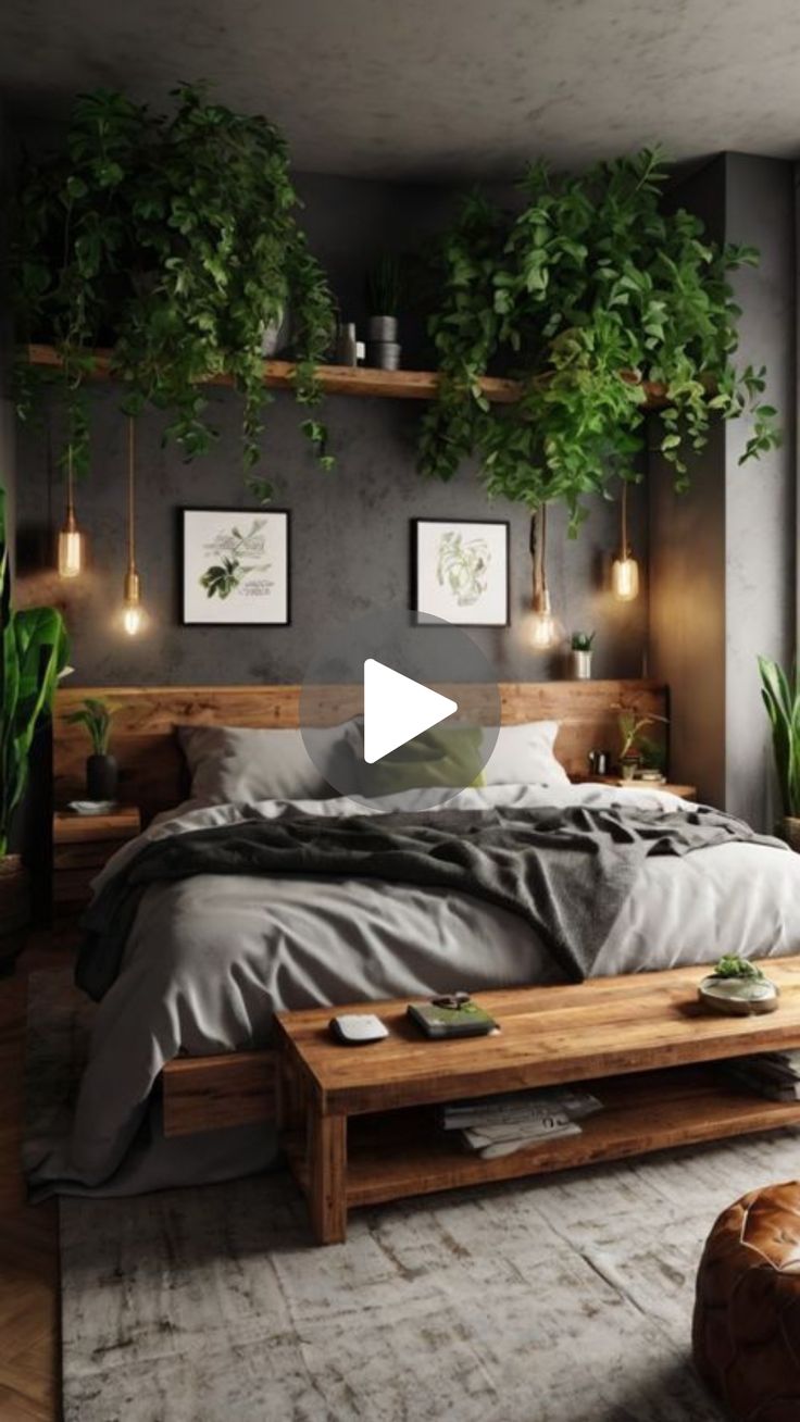 a bed room with a neatly made bed and lots of plants