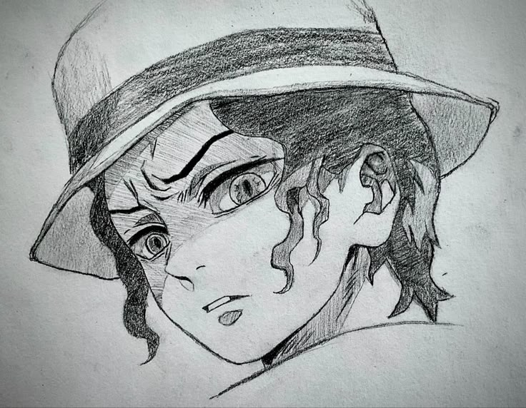 a drawing of a man with a hat on his head and eyes drawn in pencil