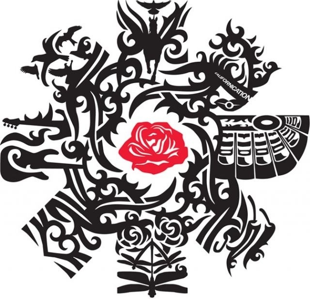 a black and white design with a red rose on it's center, surrounded by other designs