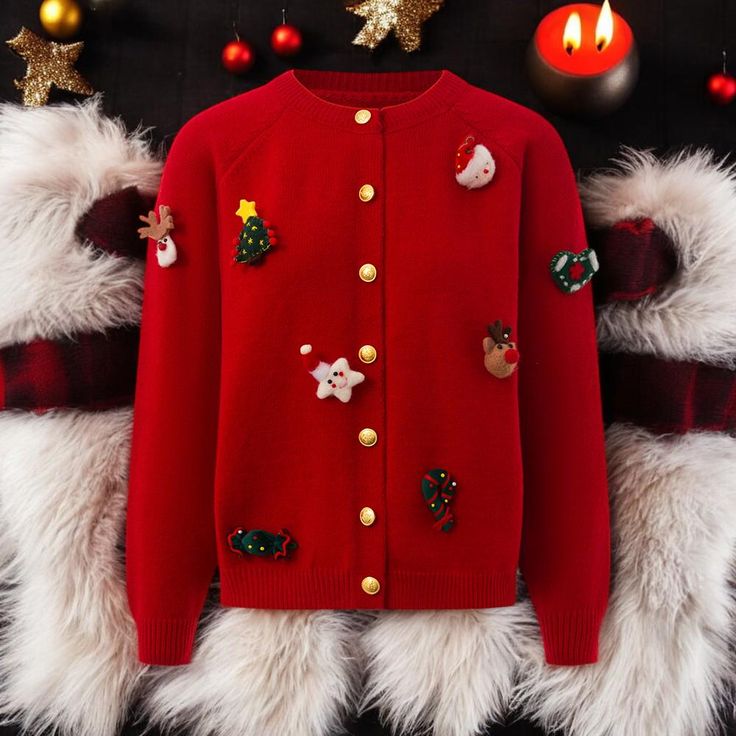 Festive Red Christmas Cardigan with Holiday-Themed Embellishments--Cozy Winter Knit Sweater for Women Add some festive flair to your winter wardrobe with this charming red Christmas cardigan! Featuring adorable 3D embellishments like reindeer, Santa, Christmas trees, and more, this cozy knit sweater is perfect for holiday parties, family gatherings, or just spreading cheer throughout the season. Crafted from soft, warm material, it keeps you comfortable and stylish in the chilly weather. Whether you're looking for a unique holiday outfit or a thoughtful gift, this cardigan is sure to stand out. Pair it with jeans, skirts, or leggings for a cute and festive look that's perfect for any occasion. Celebrate the holiday spirit with this fun and functional Christmas sweater! Red Winter Sweater With Buttons, Red Buttoned Sweater For Winter, Red Sweater With Buttons For Winter, Christmas Knitted Long Sleeve Cardigan, Knitted Long Sleeve Christmas Cardigan, Long Sleeve Christmas Cardigan, Festive Long Sleeve Christmas Cardigan, Red Winter Festive Outerwear, Red Long Sleeve Cardigan For Holiday