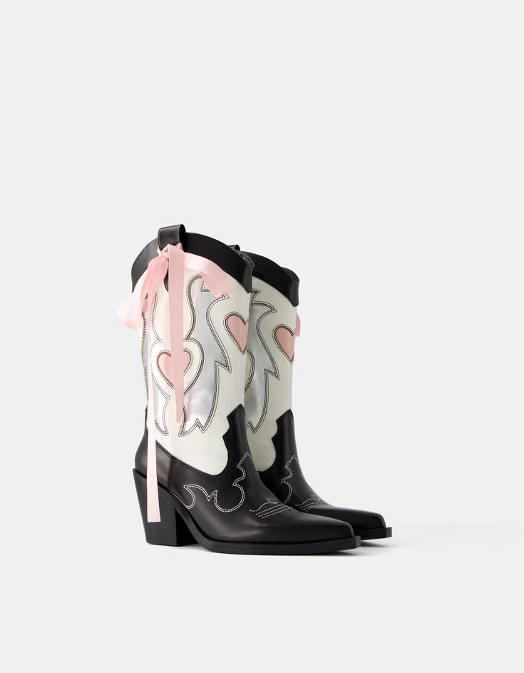 Heeled cowboy boots with bow detail - Women Western Mid-calf Boots With High Stacked Heel, Western High Heel Boots For Rodeo, Western Boots With Stacked High Heel, Chic Heeled Boots For Rodeo In Spring, Western Style Mid-calf Boots With Block Heel For Spring, Chic Boots With Stacked Heel For Rodeo, Chic Stacked Heel Boots For Rodeo, Chic Round Toe Heeled Boots For Rodeo, Western Style Round Toe Heeled Boots For Spring