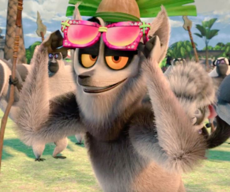 the animated character is dressed in pink sunglasses and holding his arms up to his head