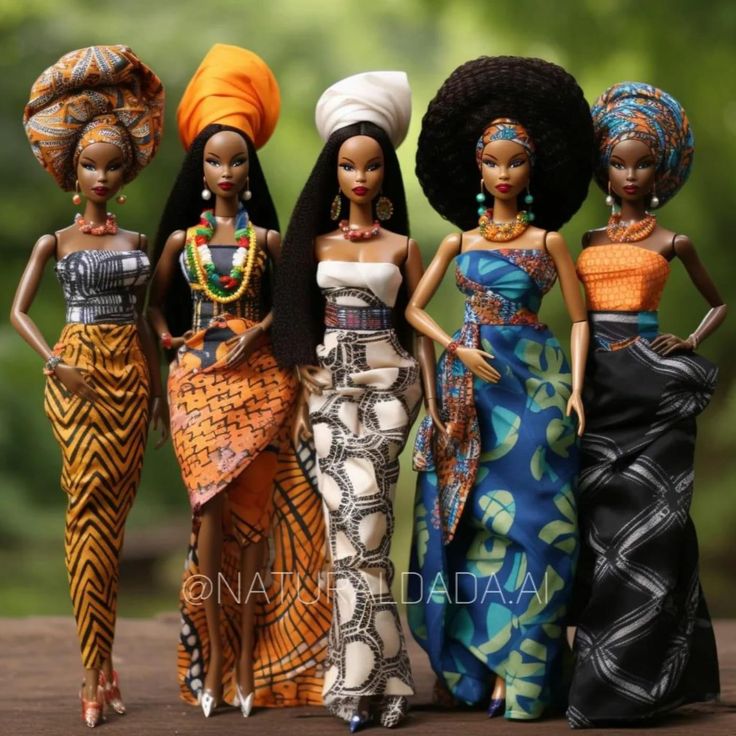 three african dolls are standing next to each other in dresses and head wraps on