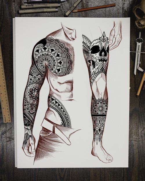 a drawing of a man with tattoos on his arm and chest, next to some pencils