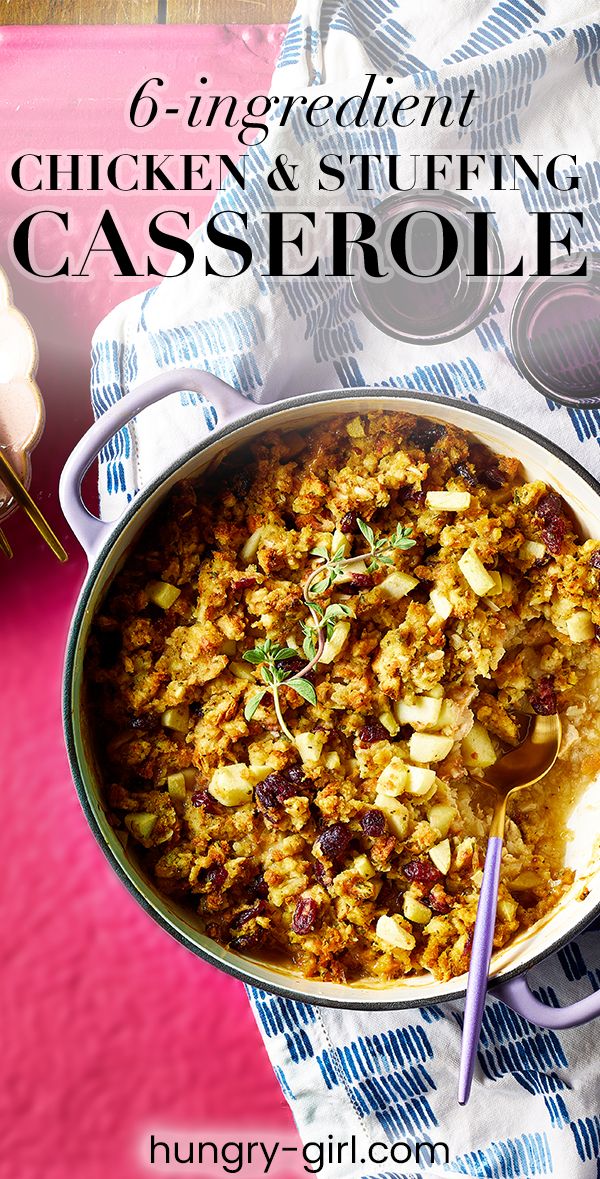 chicken and stuffing casserole in a pot with a spoon