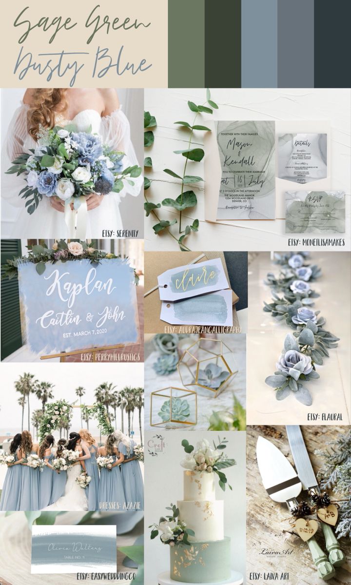 a collage of blue and green wedding color palettes with text that reads ...