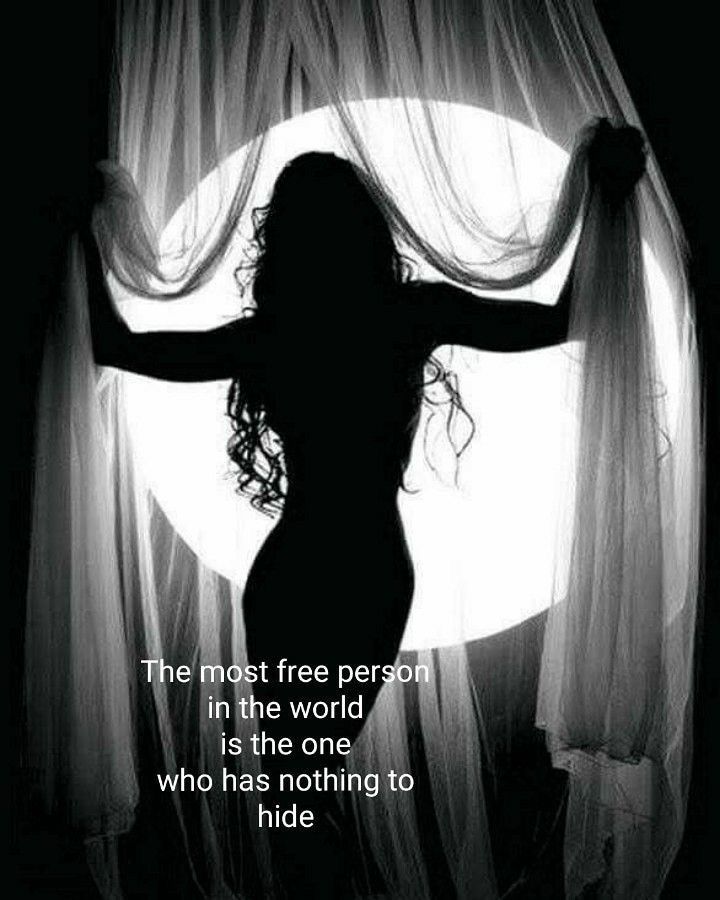 a woman standing in front of a curtain with her arms outstretched and the words, the most free person in the world is the one who has nothing to hide