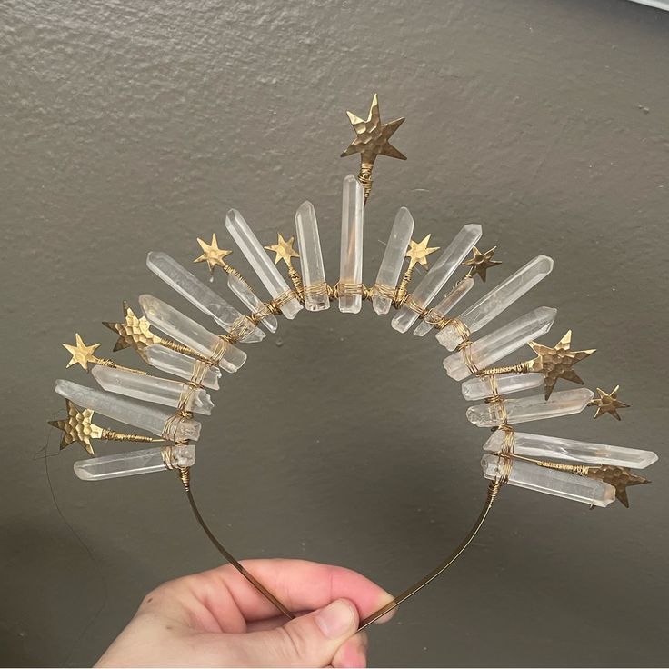 One Of A Kind Hair Crown/Headband, Handmade By Elemental Child. Clear Quartz With Gold Plated Stars. Comfortable To Wear. Starfall Party, Queen Clarion, Celestial Crown, Celestial Birthday, Moon Crown, Star Crown, Room Box Miniatures, Glitter Accessories, Headband Handmade