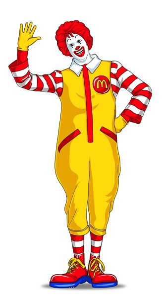 a cartoon clown with red hair and yellow jumpsuits, waving his hands in the air