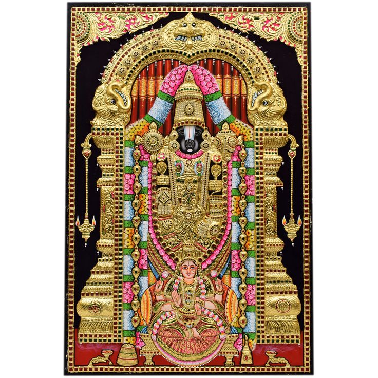 an intricately decorated gold and black frame with the image of hindu god on it