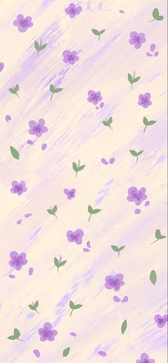 purple flowers and green leaves are painted on a light pink background with pastel colors