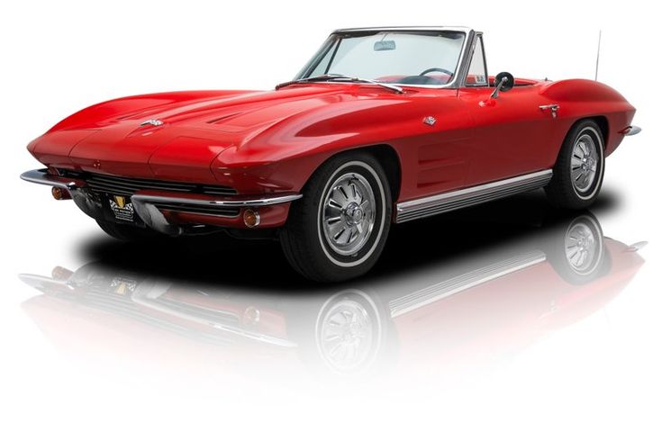 a red classic sports car is shown on a white background with reflective reflection in the foreground