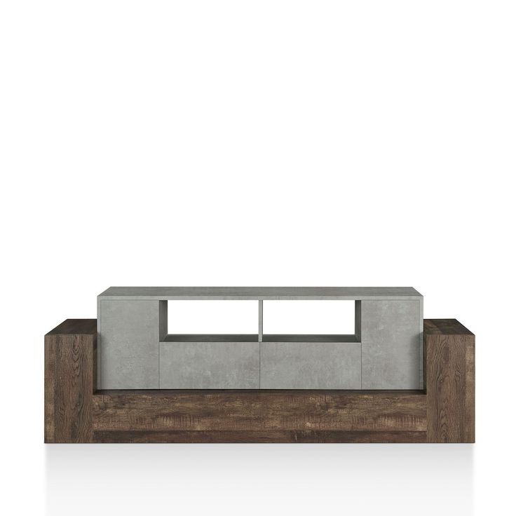 a concrete and wood coffee table with two shelves on each side, in front of a white background