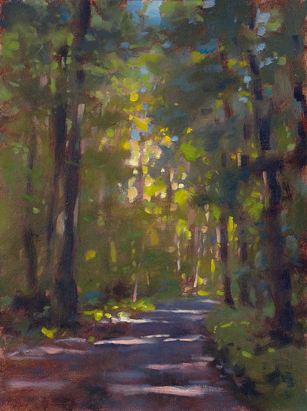 an oil painting of a road in the woods