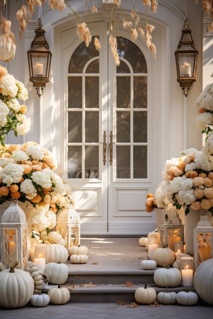 an entrance decorated with white and orange flowers, pumpkins and candles for halloween decorations