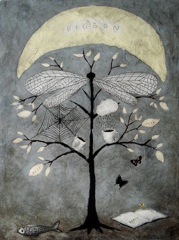 a painting of a tree with lots of leaves on it and a moon in the background