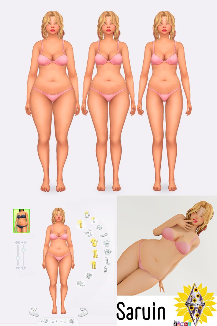 three different images of the same woman's body in various poses, with an image of