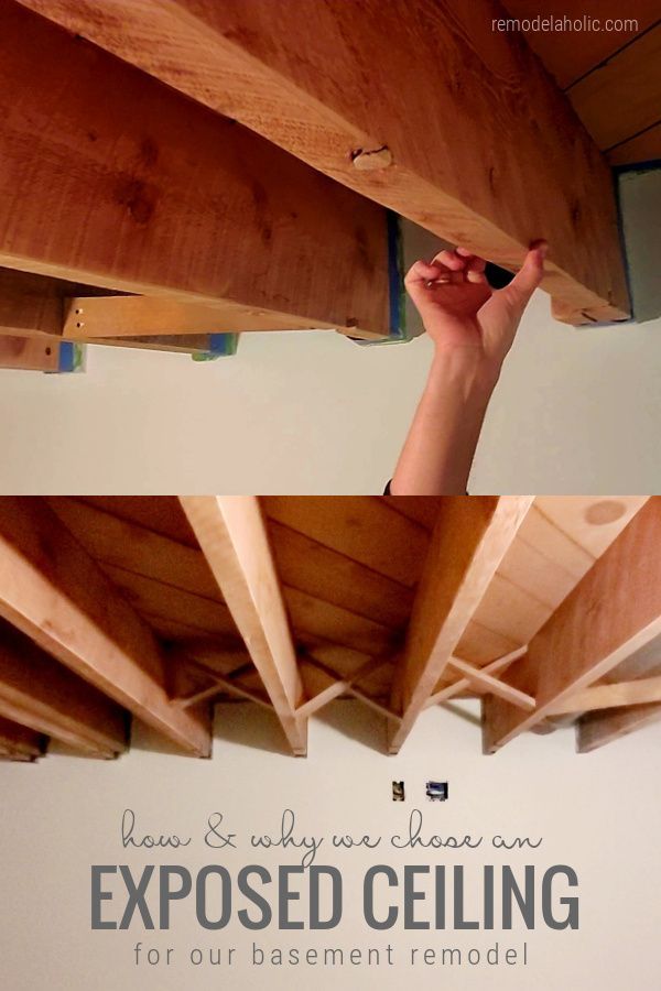 the bottom and bottom sections of a wooden ceiling with text overlay that reads how & why to clean an exposed ceiling for our basement remodel