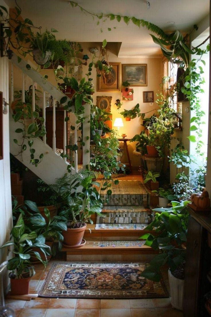 the stairs are lined with plants and potted plants