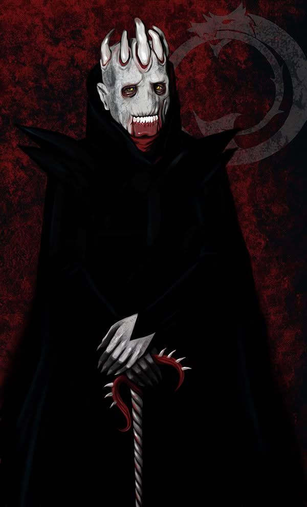 an evil man in a black cloak with his hands on his head and holding a knife