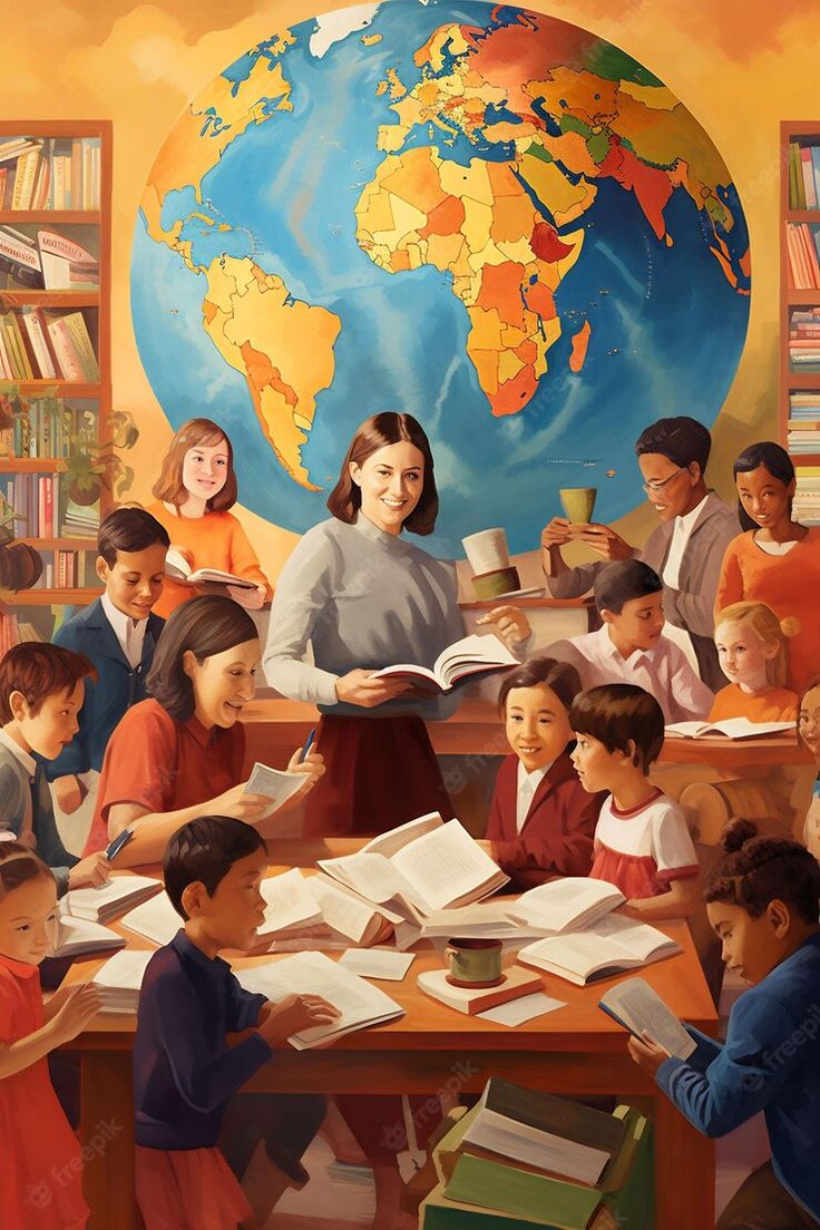 a painting of children reading books in front of a globe