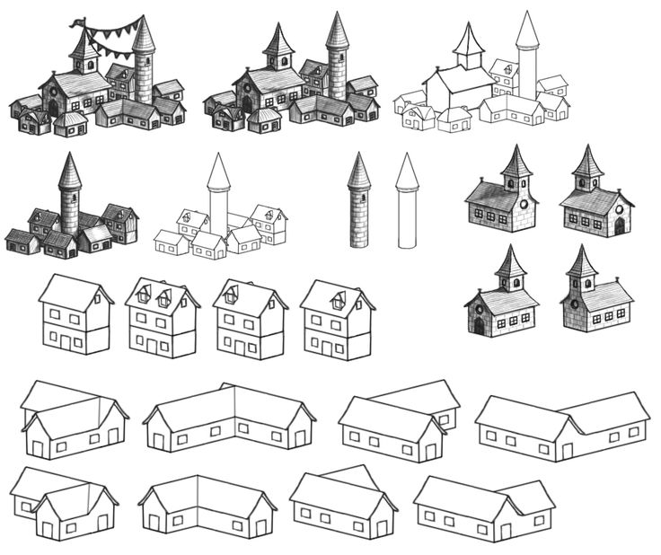 an image of various houses and buildings drawn in pencil on white paper with black ink