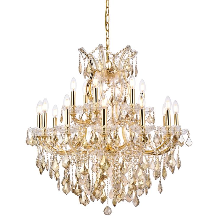 a gold chandelier with crystal drops hanging from it's center and chain