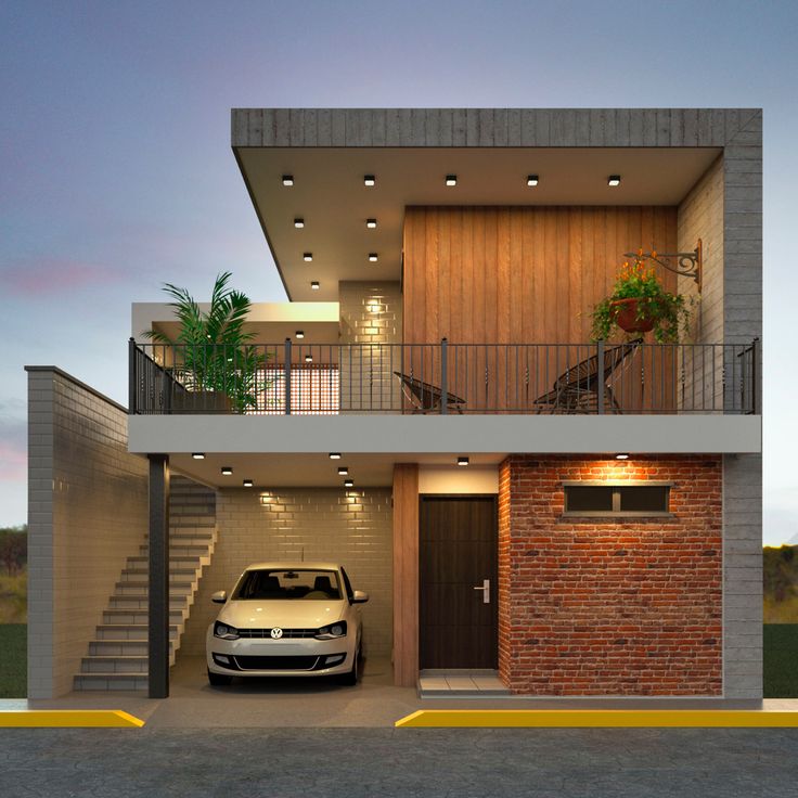 a car is parked in front of a modern house with stairs and balconies