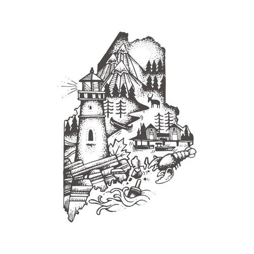 a black and white drawing of a castle on top of a hill with mountains in the background