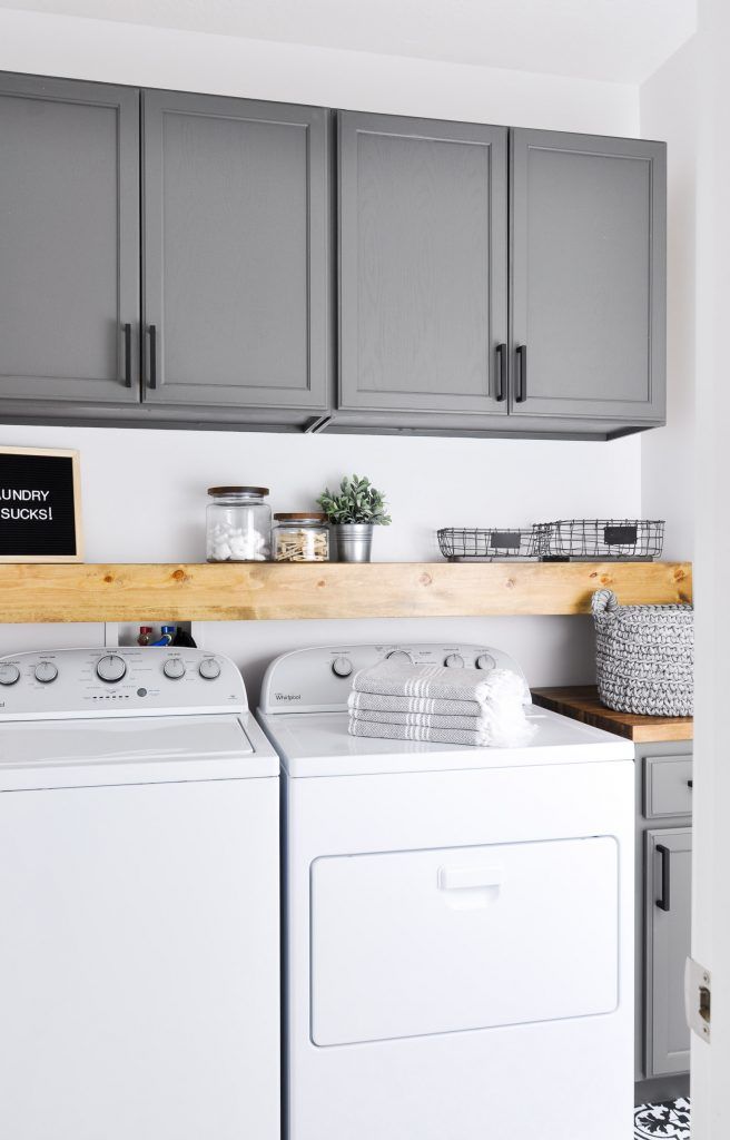 a white washer and dryer sitting in a kitchen next to gray cupboards