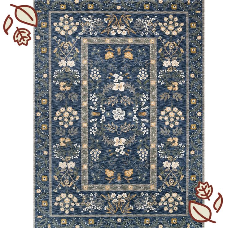 a blue rug with flowers and leaves on the bottom, surrounded by other decorative items