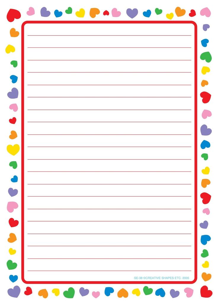 a lined paper with hearts and dots on the border is shown in red, blue, yellow