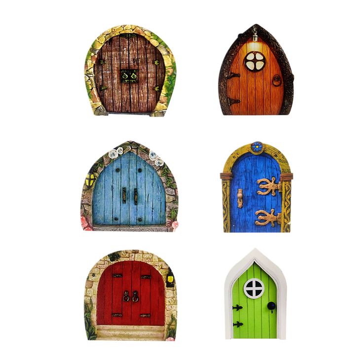 four different colored doors in the shape of an arch with eyes on each one side