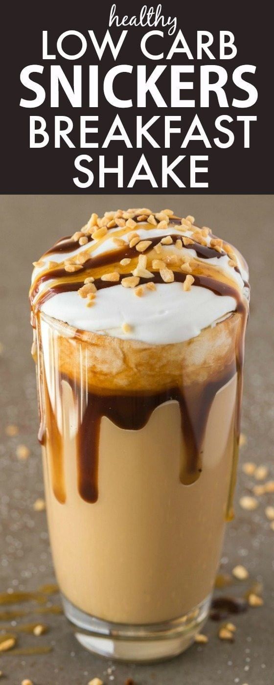 low carb snickkers breakfast shake with chocolate drizzled on top