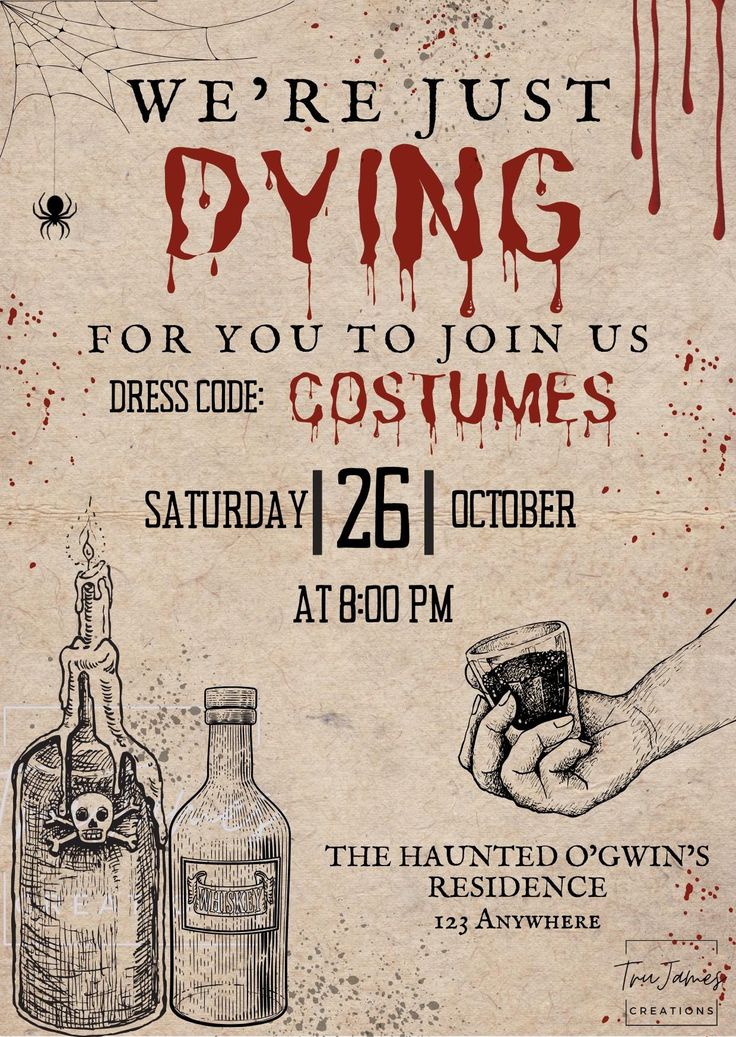 a flyer for a halloween party with hand holding a wine glass and bottle in front of it