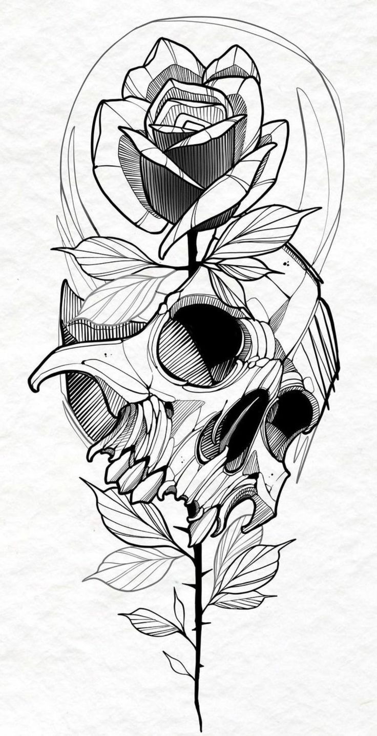 a black and white drawing of a skull with flowers on it's head, in front of a paper background